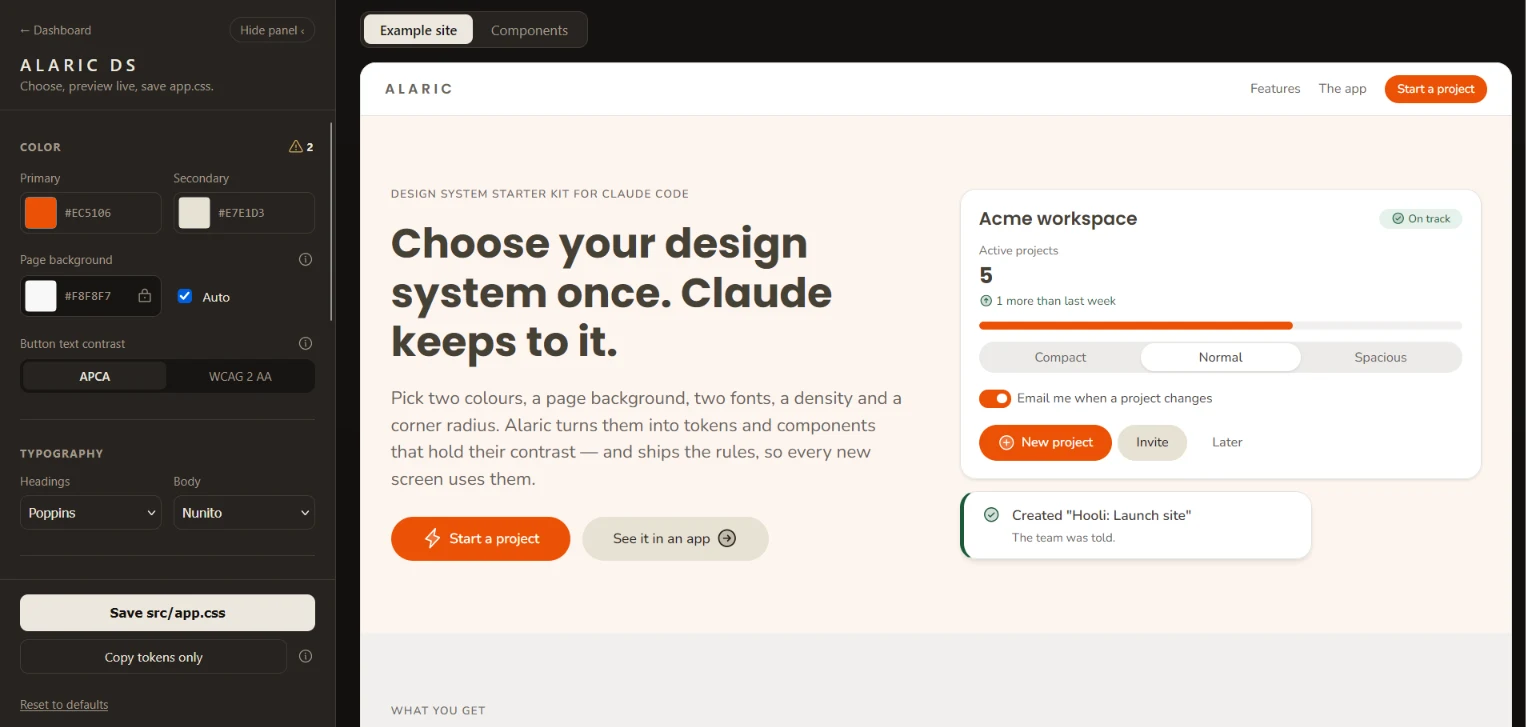 The Alaric configurator: colors, type and contrast on the left, a live example site in the chosen design on the right